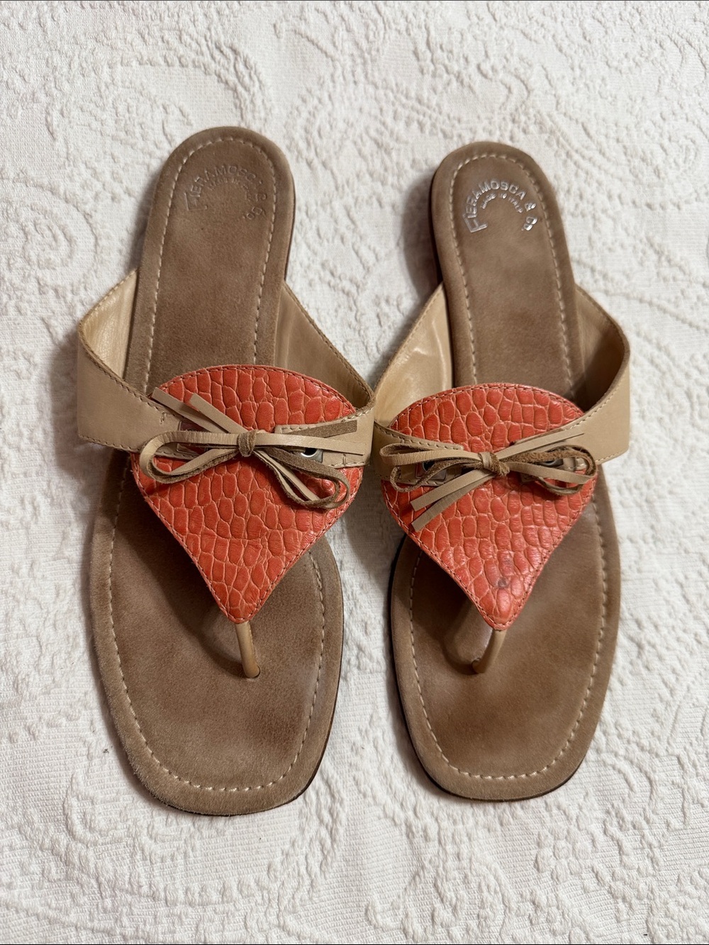 Fieramosca & Co Tan Italian Sandals Size 9.5 with Coral Accent and Bow